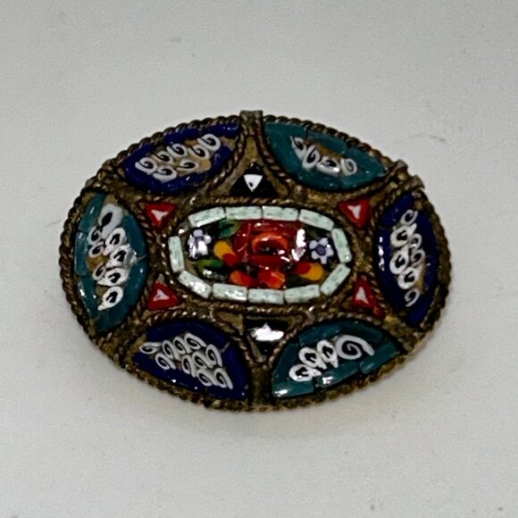 Vintage IMicro Mosaic Oval Brooch Floral  Gold-Tone C-Clasp Made in Italy - Picture 1 of 16